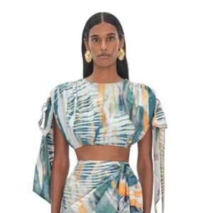 NWT Andrea Iyamah Halima Abstract Bark Crop Top Bow Sleeve Shirred Waist L 10-12